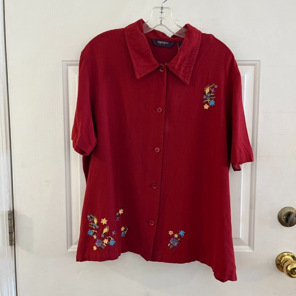 Vintage Agapo Cottage Core Red 100% Linen BoHo Bohemian Floral Blouse Sz XL